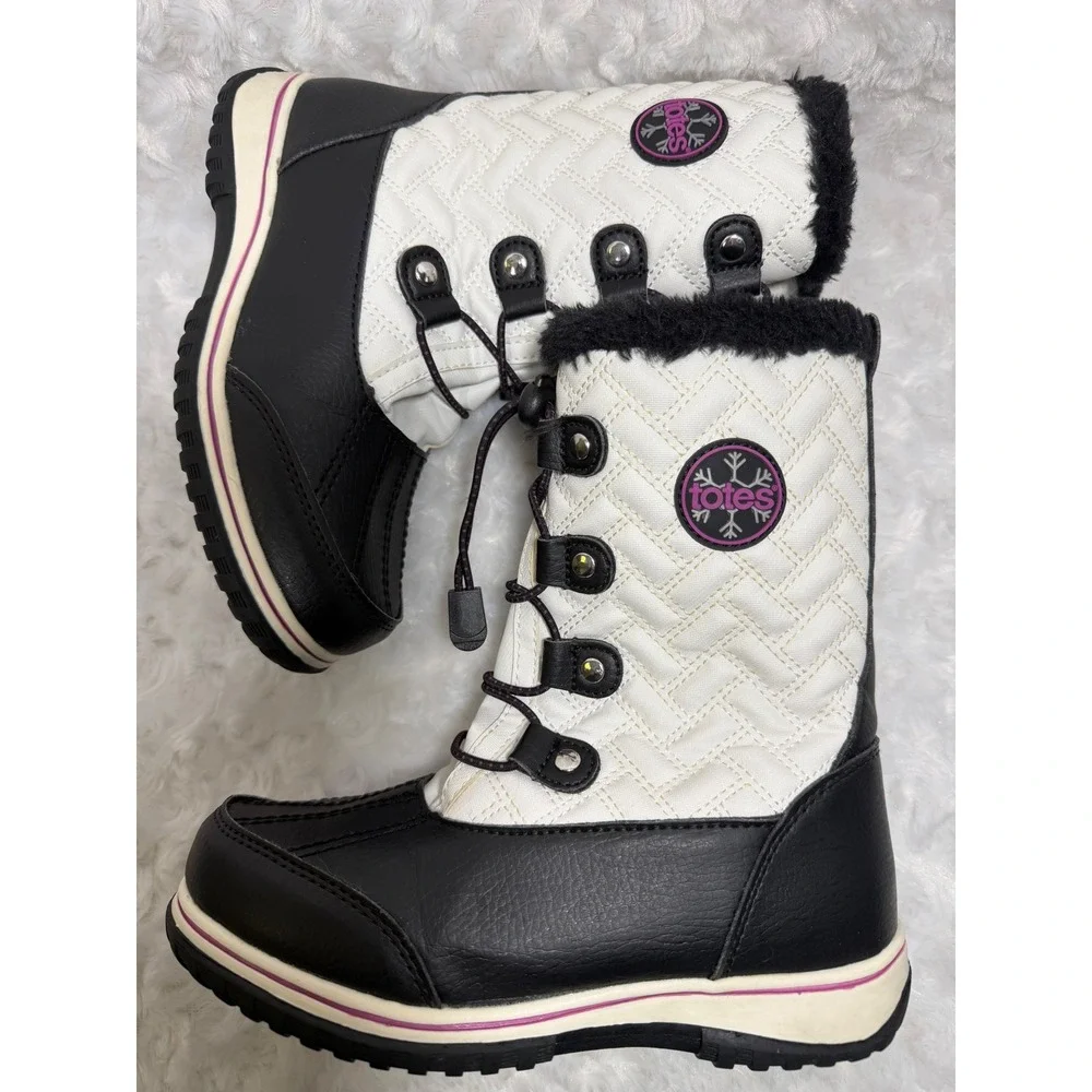 Totes Makenzie Girls Winter Boots‎ White Black Quilted Faux Fur Zip Size 2 Med